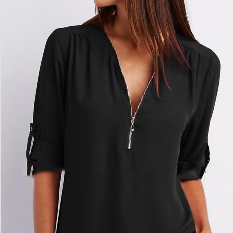 Рубашка с v-образным вырезом на молнии, женская футболка большого размера с длинными рукавами, свободная шифоновая рубашка