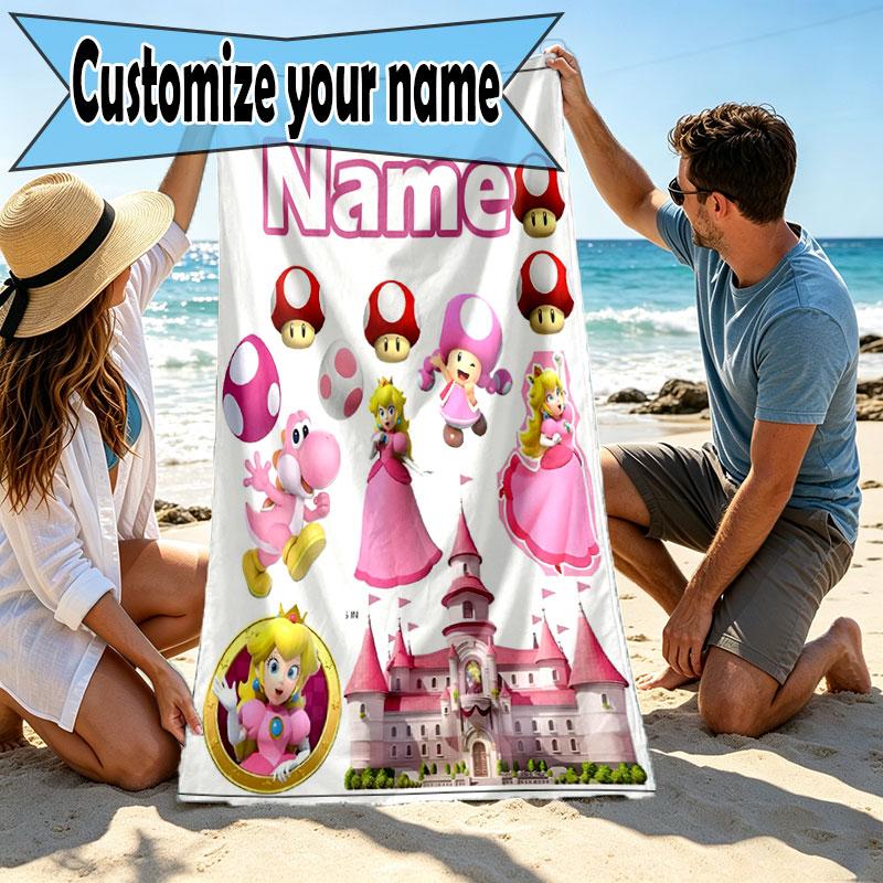 Custom Name Personalized Princess Peach Toadstool Print Beach Towel, for Trip Camping Beach Party Home Decor, Birthday Gift for Family & Friends