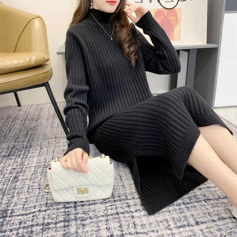Autumn and Winter New Semi-turtleneck Knee-length Knitted Bottoming Shirt Fashion Loose Versatile Sweater Skirt Women's Clothing