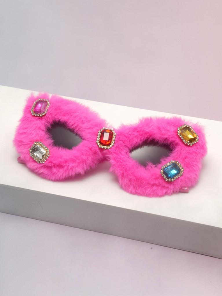 Plush Cat Eye Sunglasses Colorful Furry Frame Gem Accents Cute Shades for Girls Ideal for Photoshoots&Dress Up KJ157
