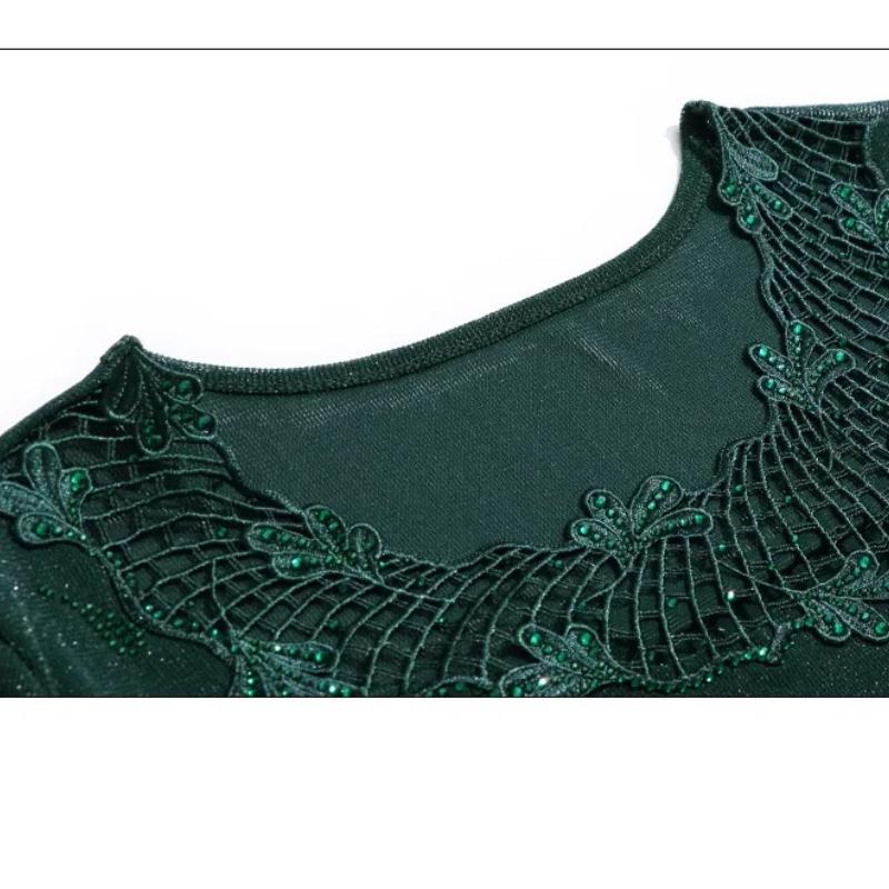 Весенне-осенние женские однотонные топы с круглым вырезом и длинным рукавом, облегающие, со стразами, кружевом, ажурными пуловерами, классические модные топы