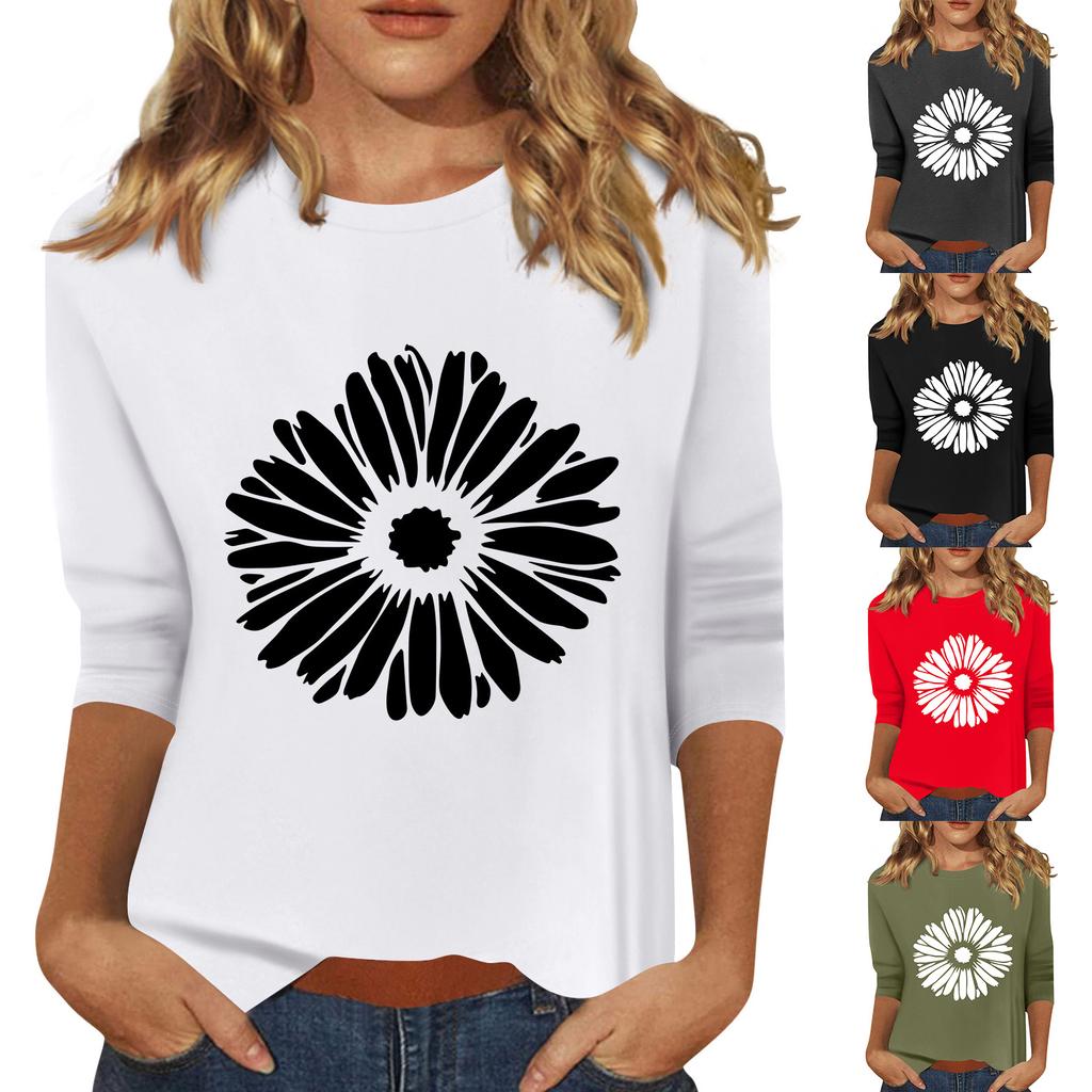 Женская мода повседневный принтованный топ с семью рукавами и круглым вырезом