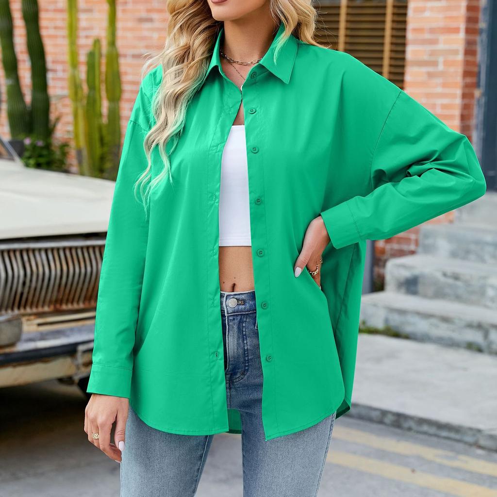 Women's Fashion Solid Color Loose Casual Single-Breasted Long Sleeve Shirt