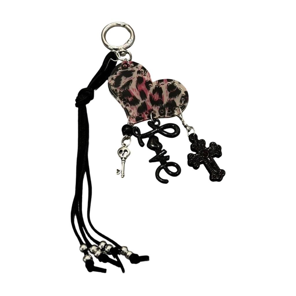 Stylish Leopard Print Heart Keyring Acrylic Pendant Keychain Bag Charm for Women Lady Fashion Accessories