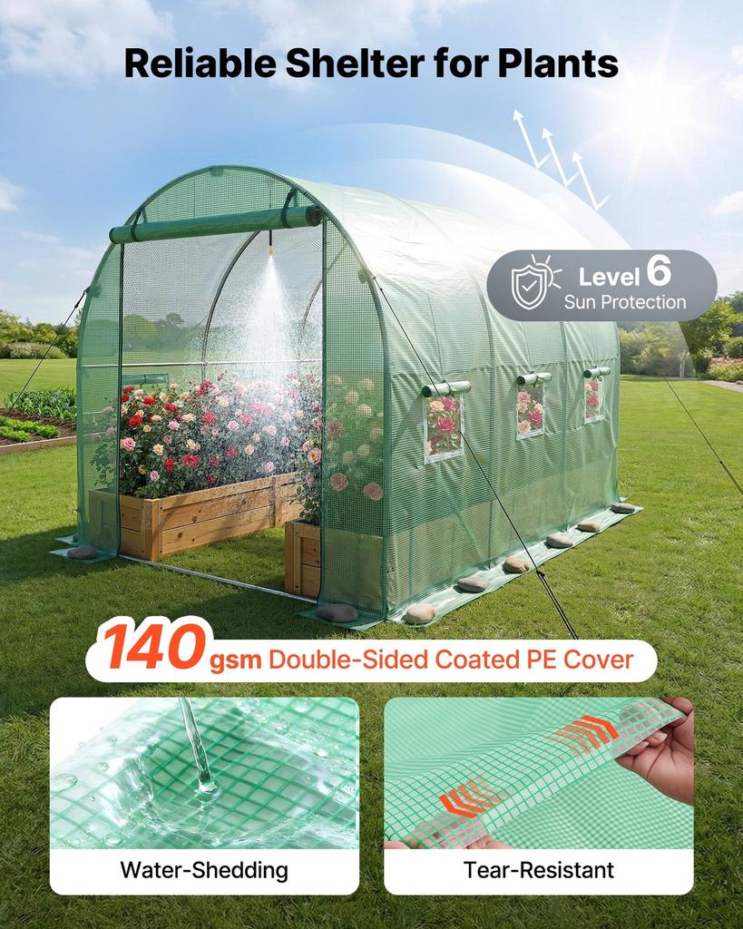 Walk-in Tunnel Greenhouse, 2.93x1.97x1.94 m Hoop House Greenhouse Tunnel with Watering System, Plant Hot House with Steel Frame, PE Cover, Roll-Up