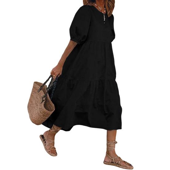 Женское летнее платье миди с короткими рукавами-фонариками и круглым вырезом, льняное платье, свободное повседневное бохо-пляжное платье