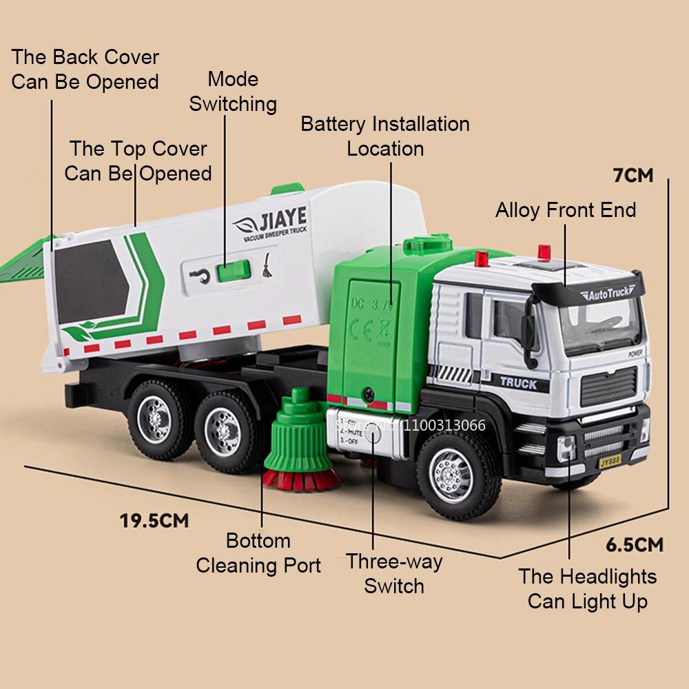 1:50 Scale Garbage Sanitation Truck Models Toys Cars Slide Forward Adjustable Carriage Miniature Vacuum Sweeper Model Ornament