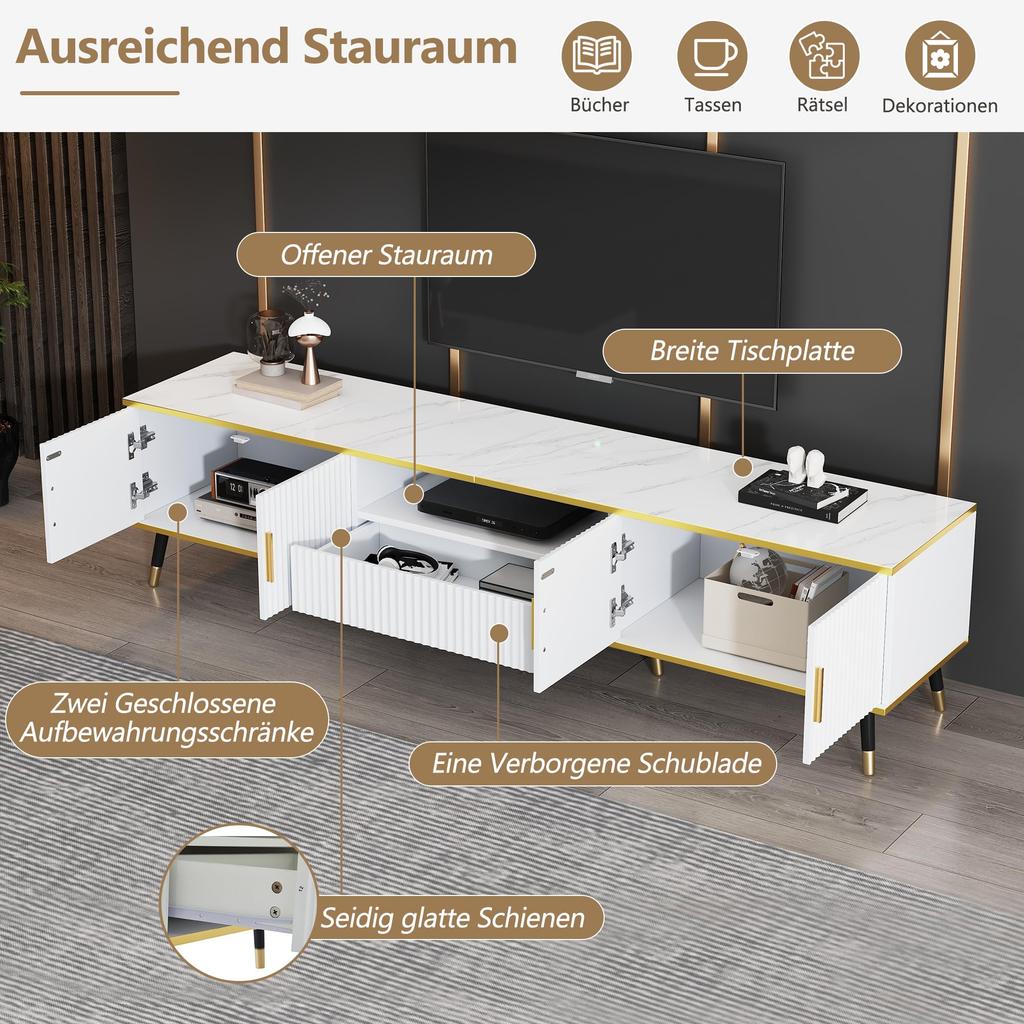 TV Schrank, 4 Fächern 1 Schublade Offenes Fach, Moderner Lowboard 90 Zoll TVs, TV Board Sideboard Möbel Wohnzimmer Esszimmer, 200x40x46cm, Weiß