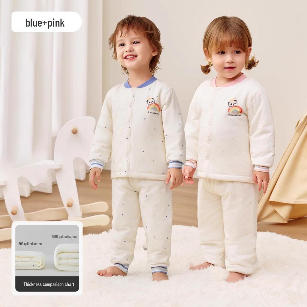 Детский пижамный комплект Jingqi из стеганого хлопка с высокой талией и защитой животика - Теплая, регулирующая температуру домашняя одежда для осени и зимы