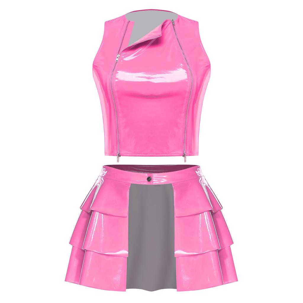 Women PU Crop Top and Skirt Set Front Dual Zippers Sleeveless Vest Top Open Front Tiered Ruffled Hem Miniskirt