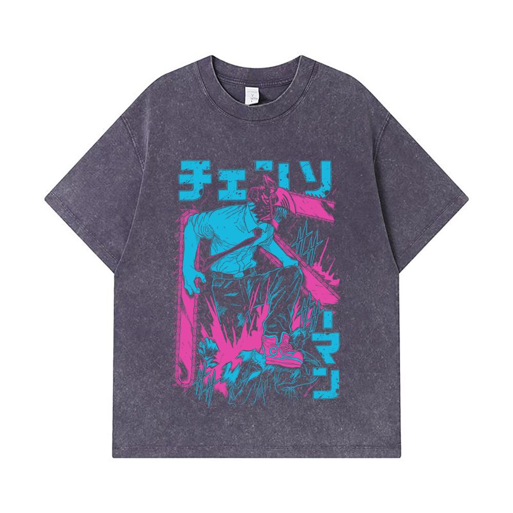 275 GSM Washed T-shirts 100% Cotton Chainsaw Man V9 Denji Print Unisex Heavy Cotton T Shirt