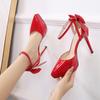 French Style High Heels Pumps Women's Stiletto All-match Bow Pointed Shallow Mouth Wedding Shoes