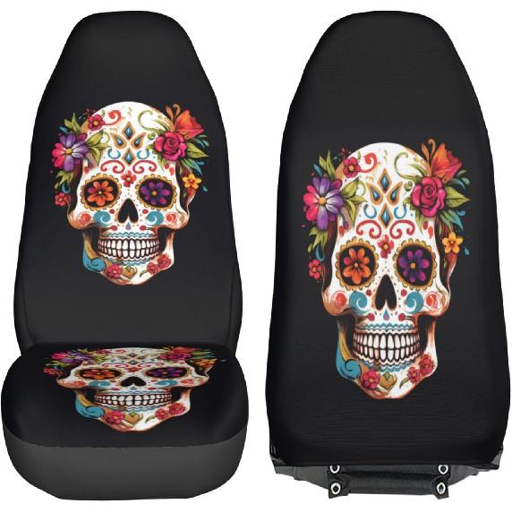 Dujiea Sugar Skull Car Front Seat Covers 2 Pcs Universal Auto Seat Covers Front Seats Only, Vehicle Bucket Seat Protectors Fit for Most Car SUV Sedan
