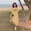 A New Spring Style Korean-style Letter Print T-shirt Dress for Women, Featuring A Laid-back and Loose Mid-length Split Skirt