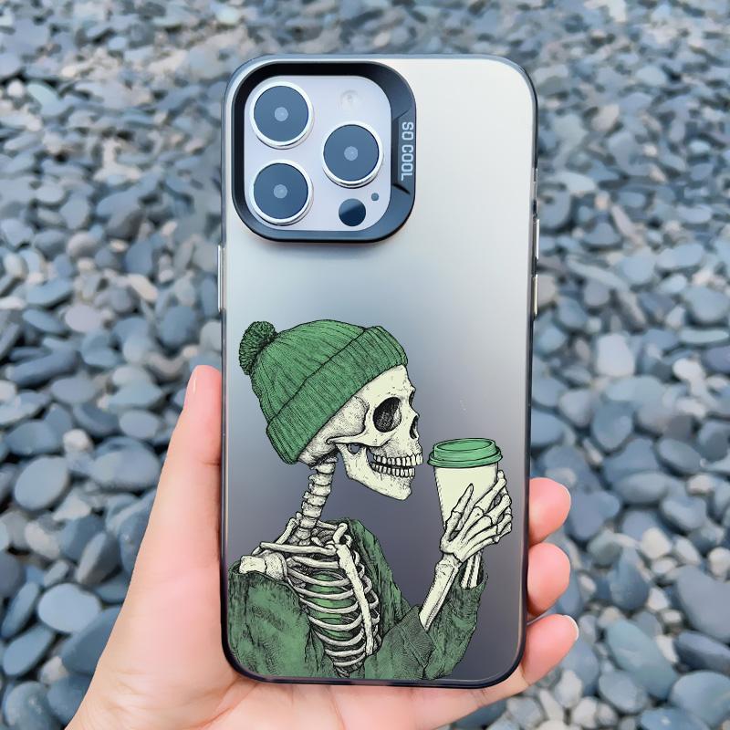 Зеленый Череп Скелет Пьет Кофе Чехол для Телефона для iPhone 16 15 14 Pro Max Plus 11 12 13 Pro Max Mini Ударопрочные Лазерные Чехлы