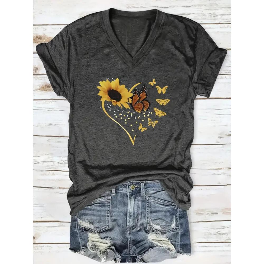 Летняя женская футболка для улицы, повседневная, с V-образным вырезом, с коротким рукавом, топы с цветочным принтом и бабочками, уличная мода, женская одежда оверсайз