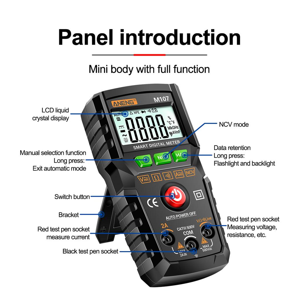 Aneng Умный цифровой мультиметр M107, 4000 отсчетов, универсальный портативный многофункциональный тестер NCV