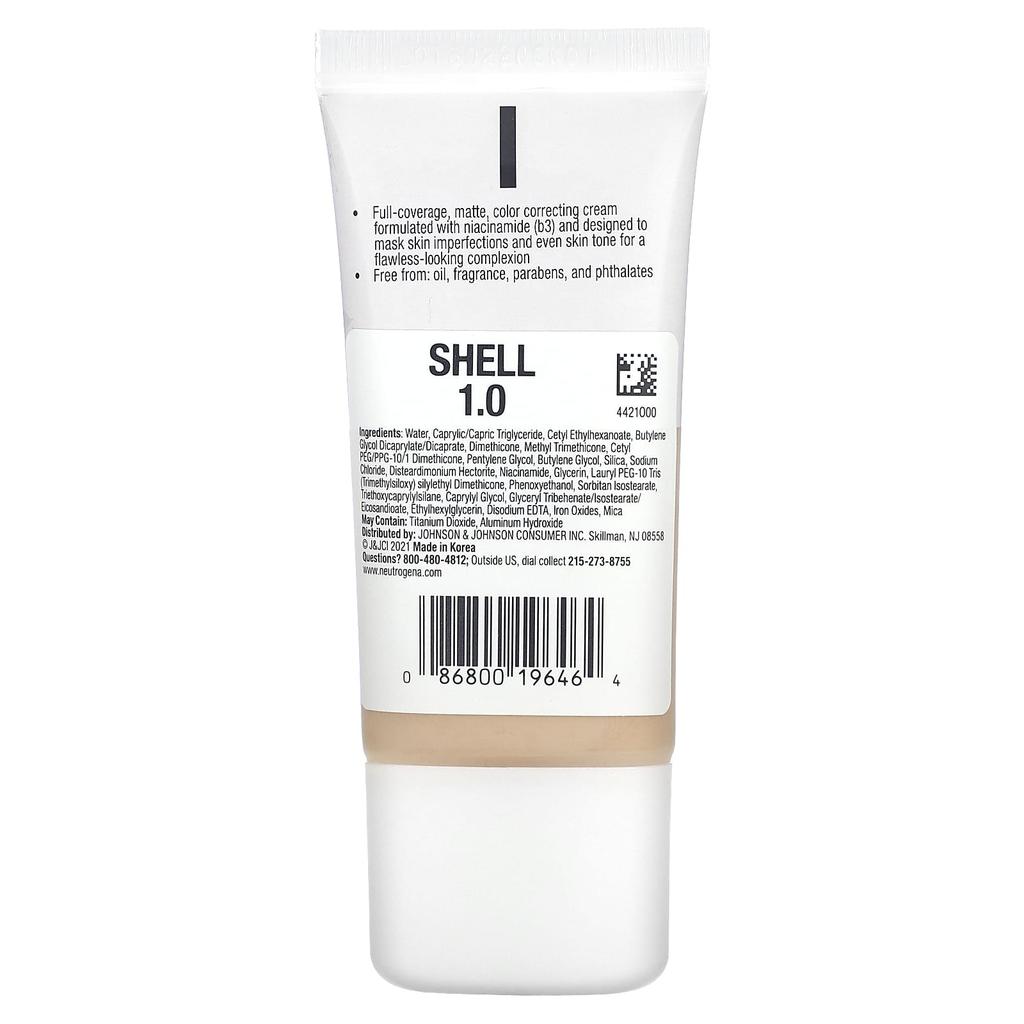 Neutrogena Flawless Matte CC Cream, прозрачное покрытие, Shell 1.0, 1 унция (28 г)