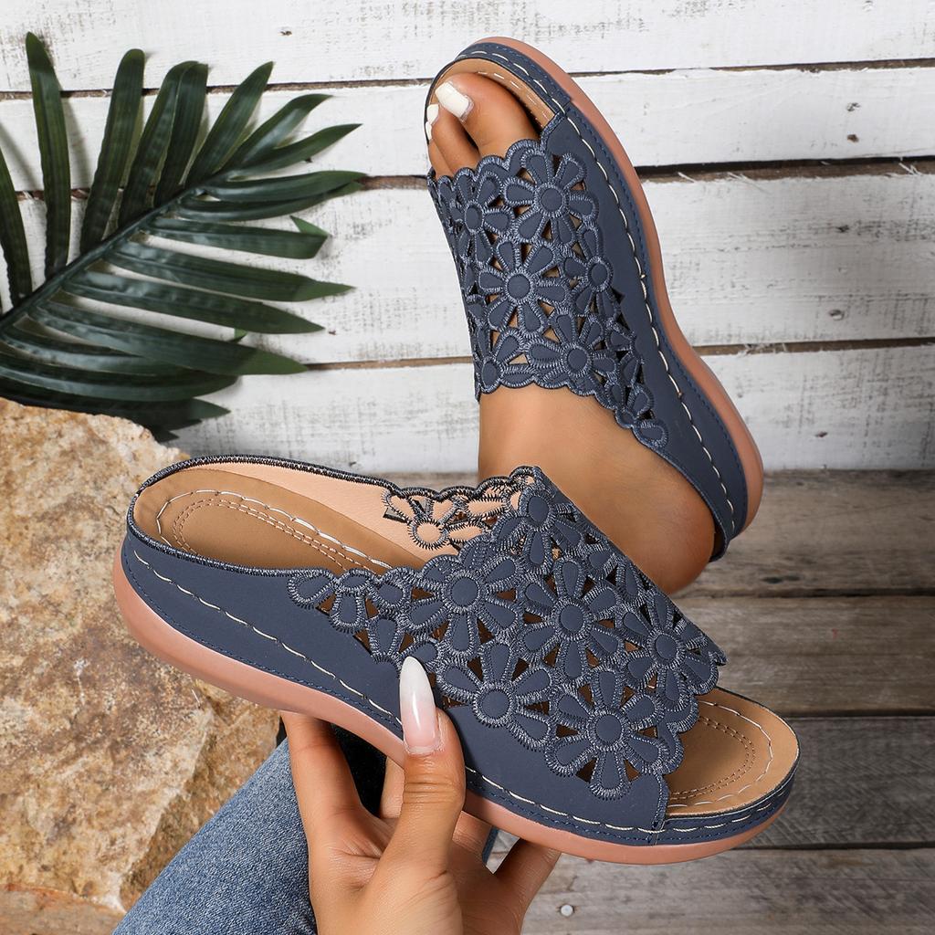 Женские удобные сандалии с цветочным узором, прогулочные туфли на толстой полой подошве, модные тапочки на танкетке