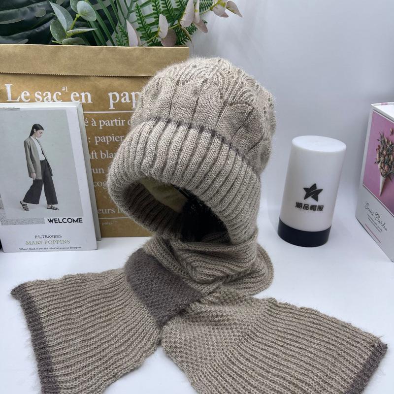Hat Female Autumn and Winter Warm Knitted Wool Snow Hat Cycling Mother Fashion Ear Protection Headgear Scarf Integrated Hat