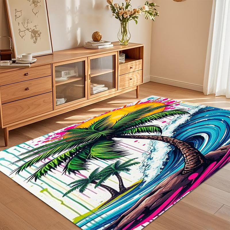 Soft Non-Slip Bold Tropical Beach Area Rug with Vibrant Palm Tree and Wave Design for Nursery Bedroom Living Room Decor