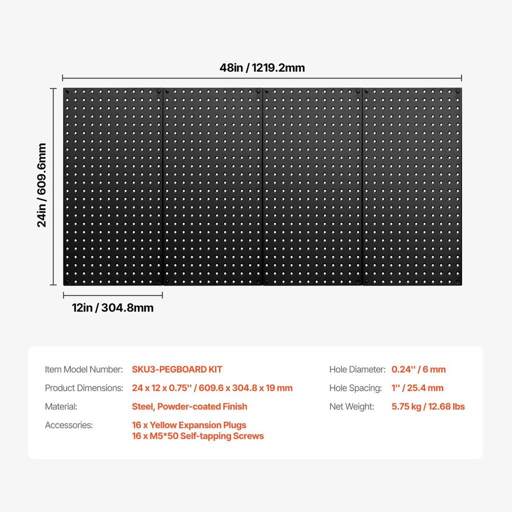 Metal Pegboard Panels 4 panels 24" x 12" Wall Organizer for Garage Tool