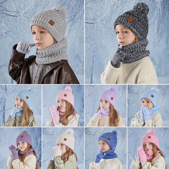 Kids Winter Hat Gloves Scarf Set Girls Boys Knit Hat with Pom Neck Warmer Mittens Set Toddlers Cold Weather Accessories for Kids 4-10 Years