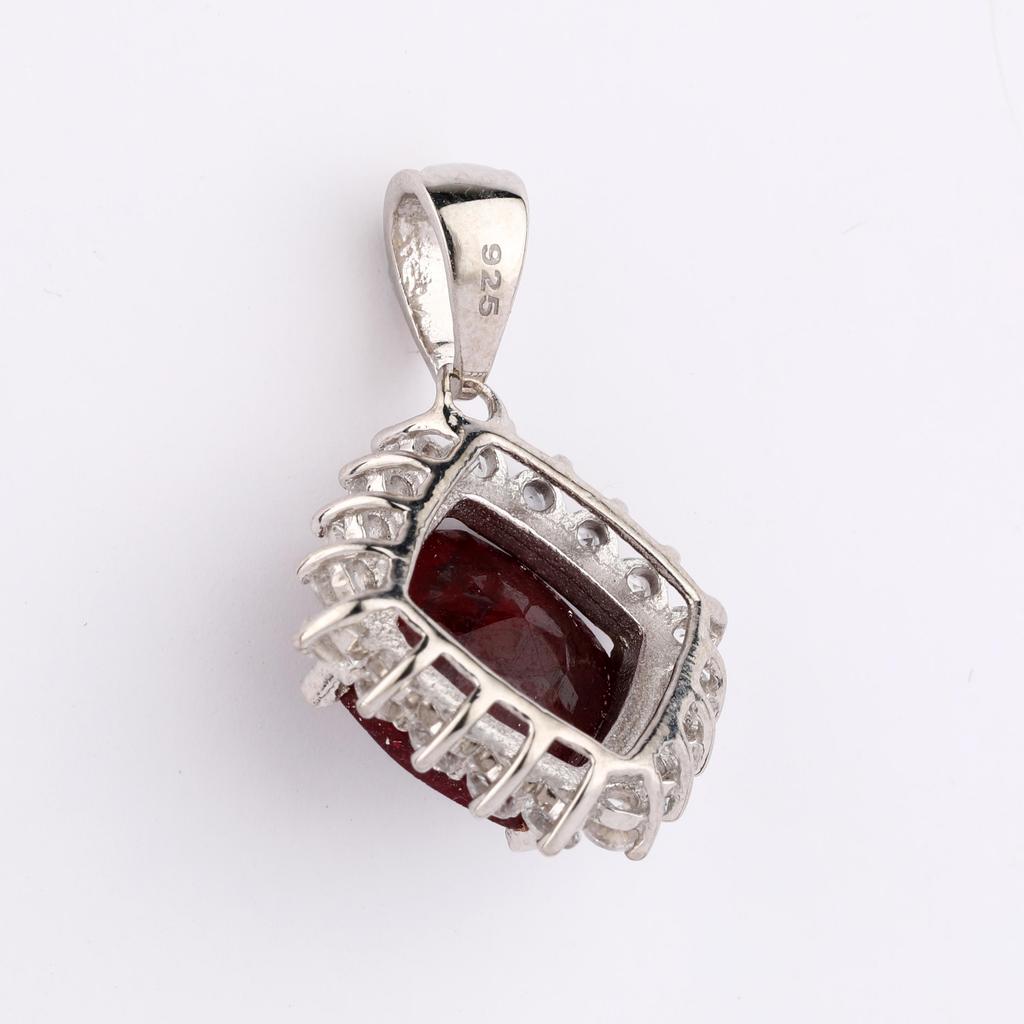 Dyed Ruby Cushion Pendant 925 Sterling Silver Platinum Plated White Topaz Handmade Fine Jewelry Gift for Her