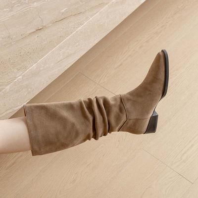 Осенне-зимняя обувь из коровьей замши с круглым носком, размер 40, на среднем каблуке, без шнуровки, ботинки в стиле вестерн, женские сапоги до бедра