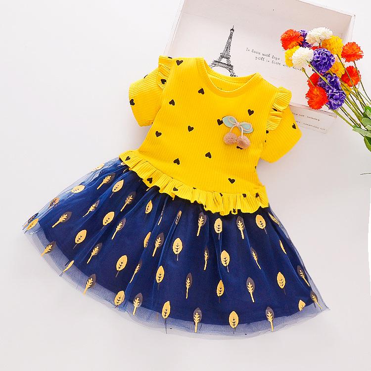 Summer Baby Girls Dress Heart Leaves Applique Patchwork Sundress with Ruffle Hem for Toddlers 1-3 Years