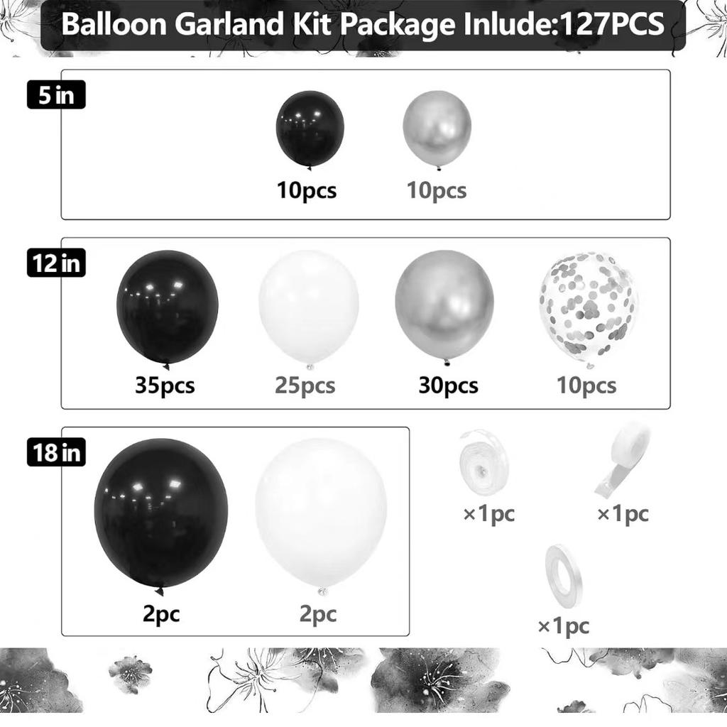 Metal Silver Black And White Birthday Latex Balloon Chain Set Arch Balloon Set Combination Wedding Party