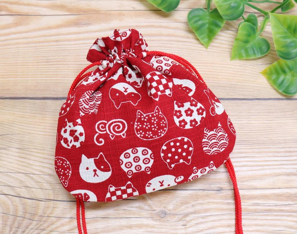Made In Cotton Drawstring 16 X Small Japanese Red [Kyosuke] Japan, 100% Bag, Approx. 15.5cm, Pouch, Pattern, Nyankomon,