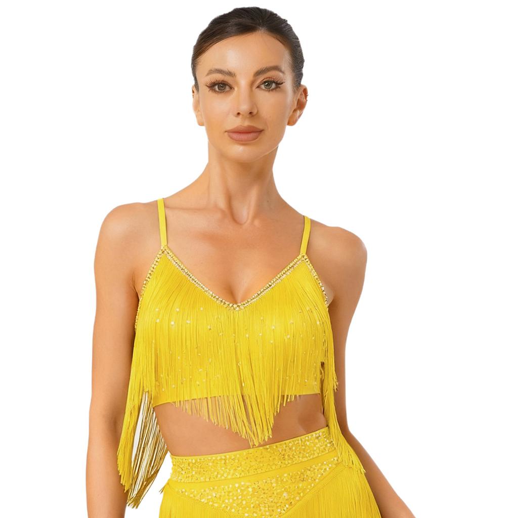 Womens Salsa Dance Top Latin Performance Wear V Neck Sleeveless Crop Top Crisscross Back Fringe Detail