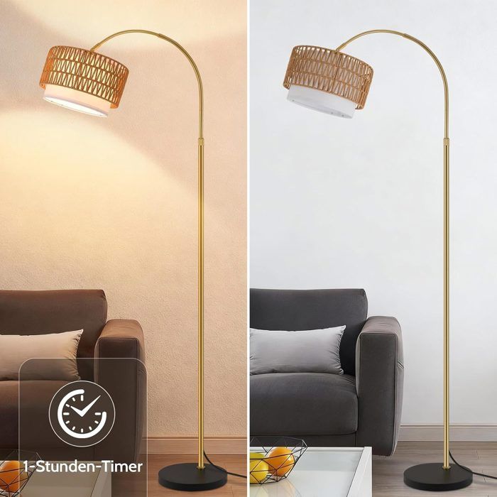 Lampadaire arqué - NETTLIFE - Style bohème - Doré rotin/métal - Hauteur réglable 165-180 cm - LED 9W