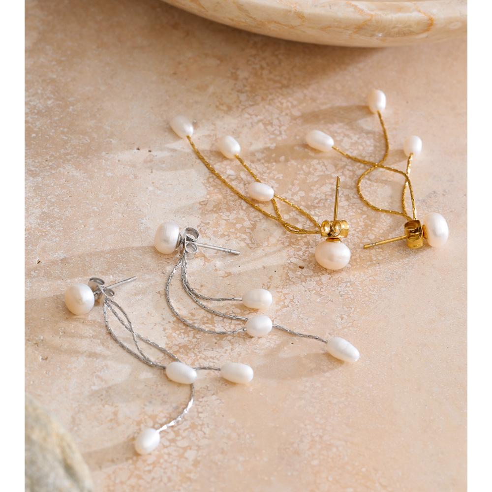 Yhpup Luxury Natural Freshwater Pearls Tassel Chain Drop Earrings for Women Stainless Steel High Quality Attractive Jewelry Gift