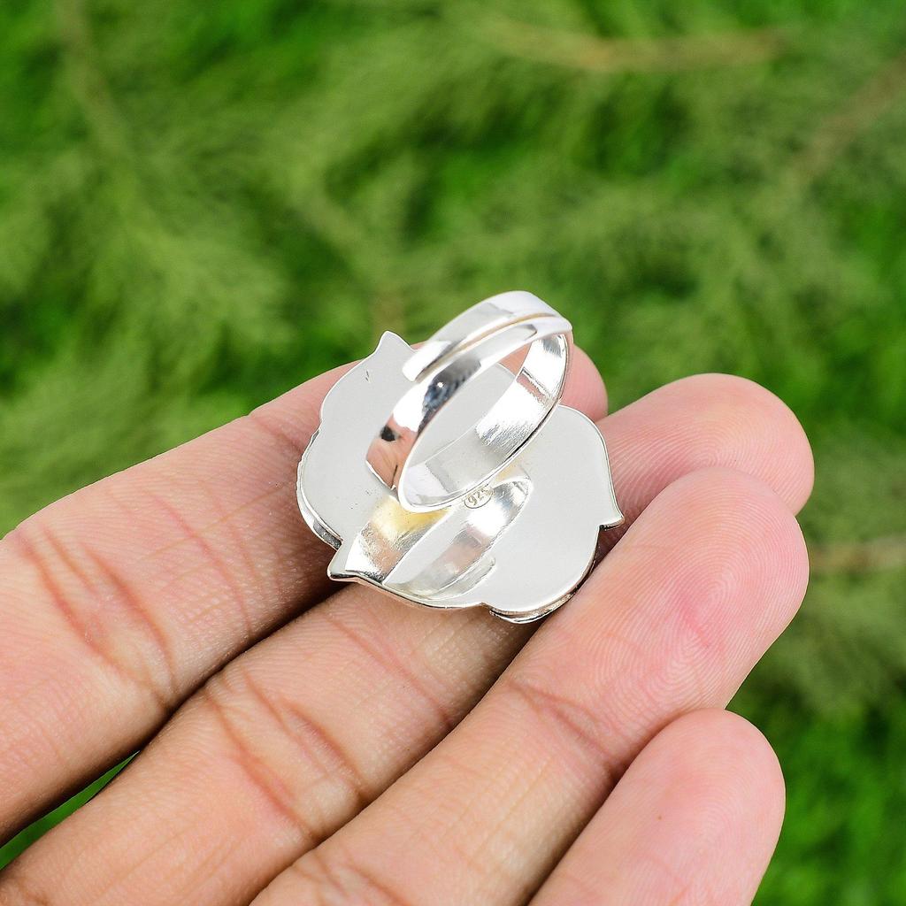 Natural Rainbow Moonstone Stackable Flower Adjustable Ring 925 Silver