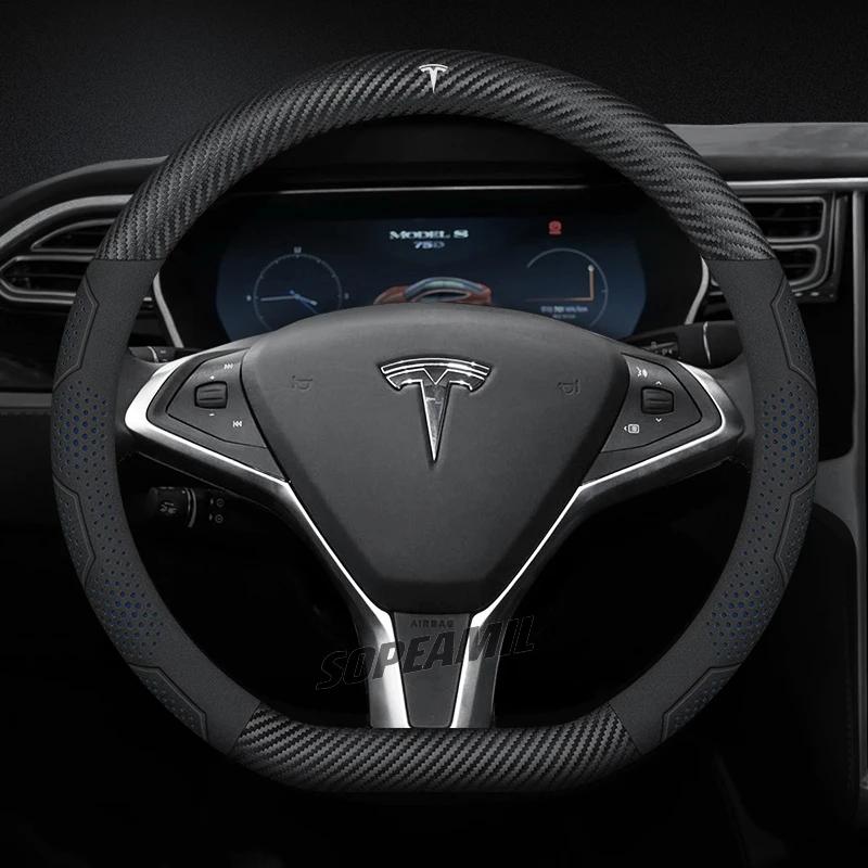 TDMC1 Для Tesla Roadster Model 3 Model Y Model S Model X Автомобильная Кожаная Углепластиковая Противоскользящая Защитная Накладка на Руль Аксессуары