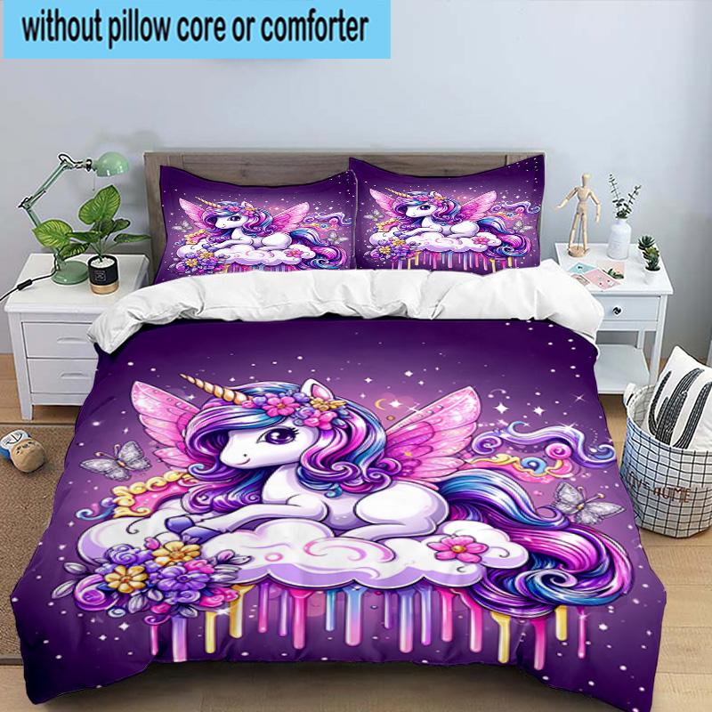 Rainbow Unicorns Garden 3pcs Bedding,Including 1pc Duvet Cover And 2pcs Pillowcases Perfect for Christmas,Ideal for Bedroom, Dormitory