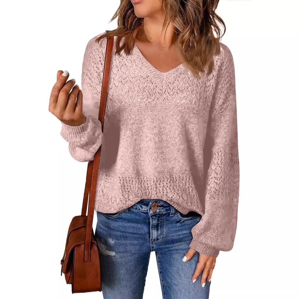 Модный свитер женский осенний однотонный пуловер свободный V-образный вязаный топ