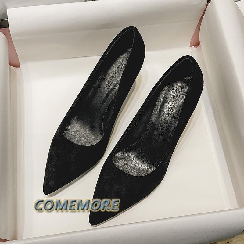 2024 Поступление Корейские Лаконичные Острые Носки Офисные Туфли Женские Модные Классические Черные Однотонные Туфли Из Флока На Высоком Каблуке Для Женщин