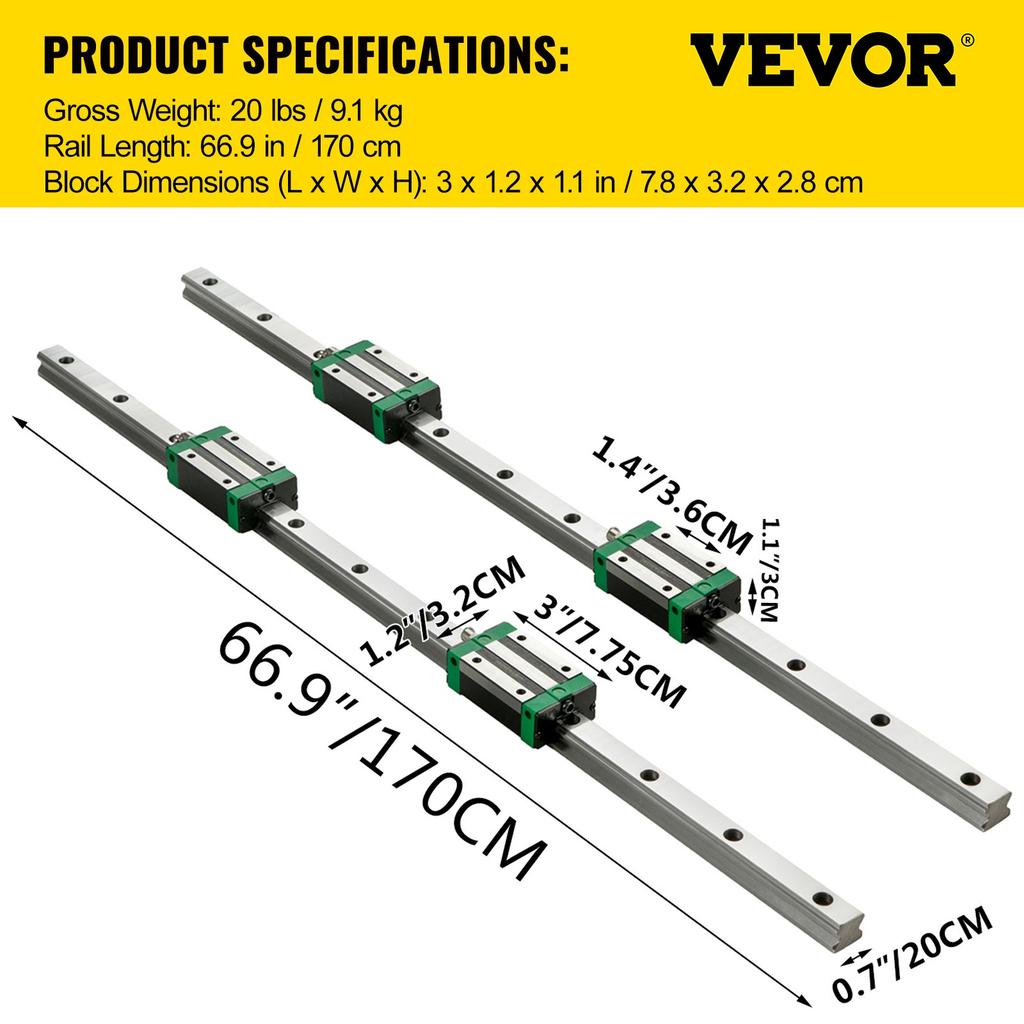 VEVOR 3PCS Linear Rail 2-167.6 cm(0.78-66 Inch), Linear Bearings and Rails with 4PCS HSR20 Bearing Block