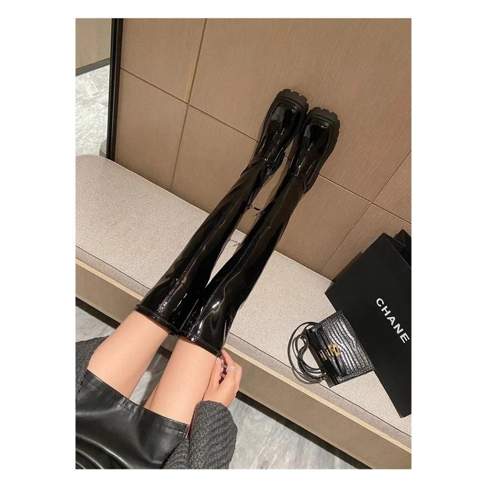 Новая мода, хит продаж, круглый носок, толстая подошва, зимняя теплая уличная модная модель в сапогах выше колена на толстой подошве