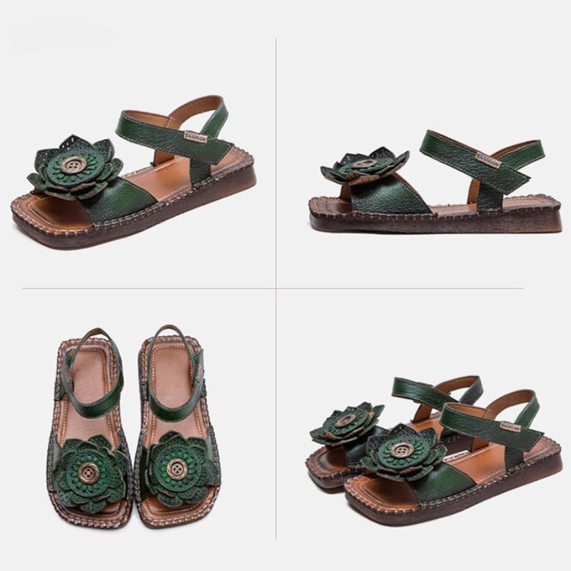 Johnature Сандалии на плоской подошве из натуральной кожи с цветочным принтом в стиле ретро, ​​удобная женская обувь с квадратным носком на мягкой подошве в этническом стиле