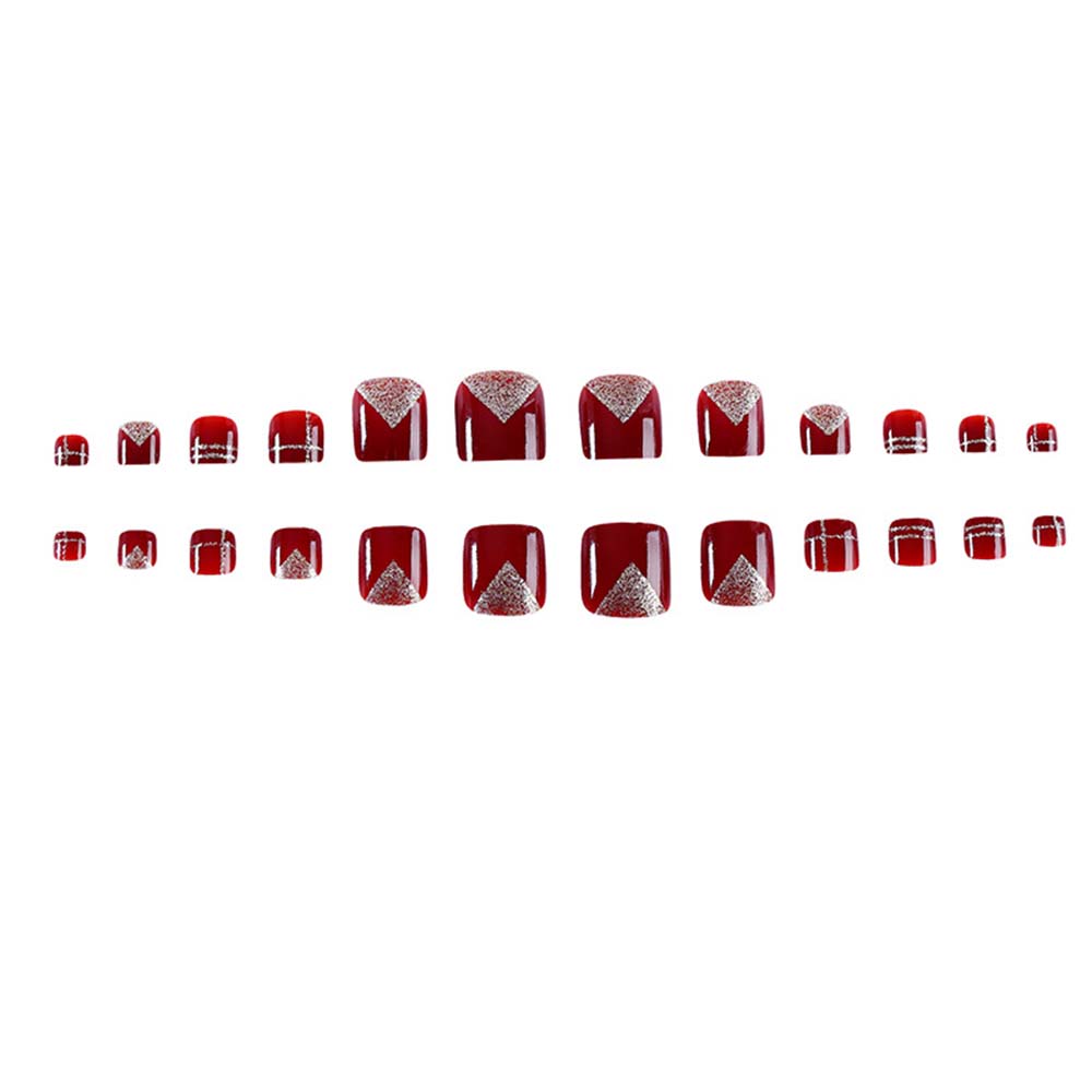 Wine Red Full Cover False Nails DIY Nail Art Tip 3D Rhinestones Fake Toe Nails Short Nails Patch