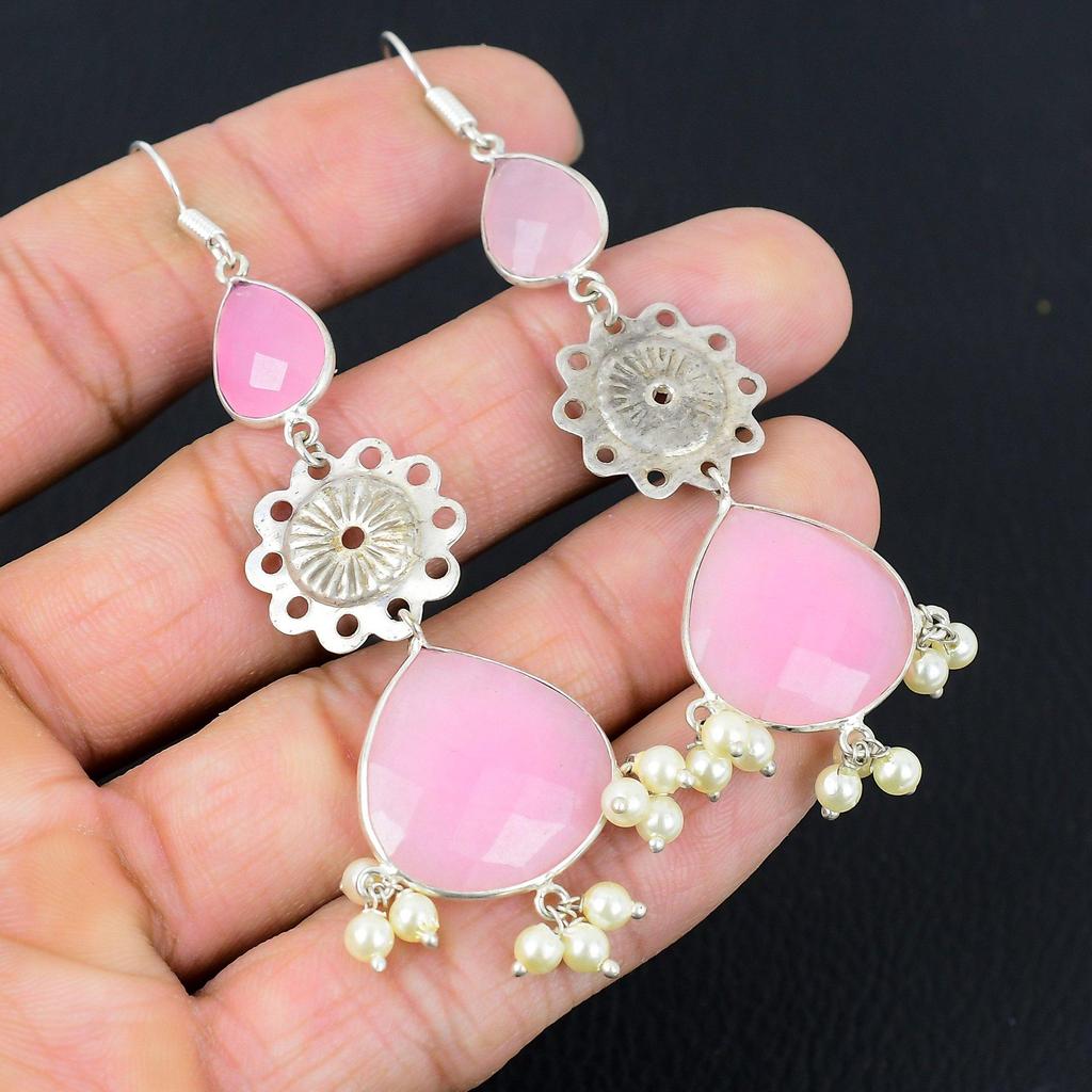 Pear Natural Pink Chalcedony Hook Daughter New Dangling Earrings Sterling Silver