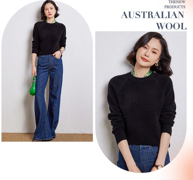 Women's Thick 100% Wool Raglan Sleeve Round Neck Sweater - Loose Knit Long Sleeve Pullover for Autumn/Winter