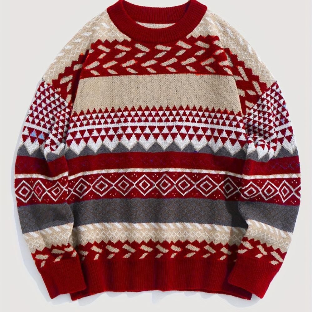 Новый теплый и ретро вязаный свитер для осени и зимы, с круглым вырезом и контрастным ромбовидным узором, это универсальный свитер для женщин