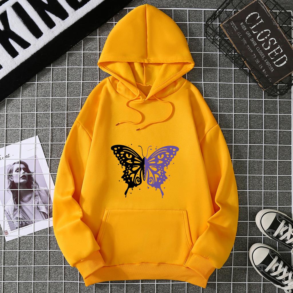 Top Casual Soft Women Hoodie White and Purple Butterfly Personality Funny Women Fashion Wool Hoodie Loose Sports Shirt