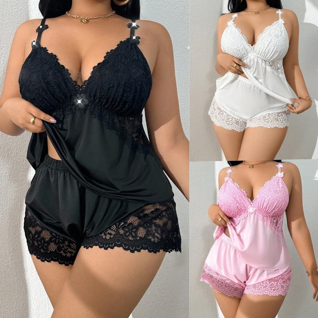 Большой размер кружевной сексуальный комплект из двух предметов пижамы сексуальный комплект с подтяжками и шортами чисто домашняя одежда