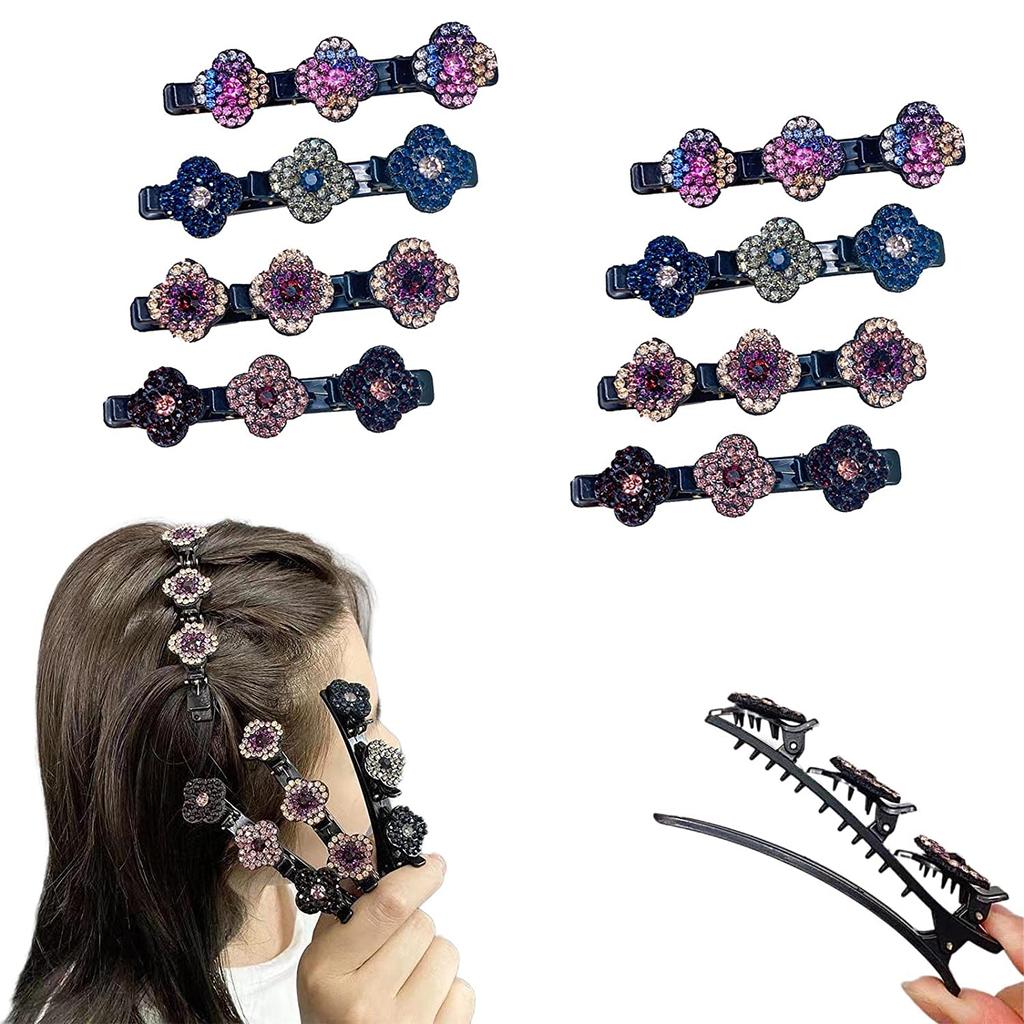 4pcs Sparkling Crystal Stone Braided Hair Clips Women Satin Fabric Hair Clips,Rsvelte Braided Hair Clip with 3 Small Clips, Multi Clip Hair Barrette
